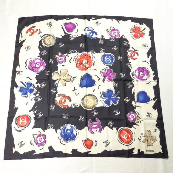 CHANEL Accessories - (D326) Chanel Scarf Cream Black Silk Scarf